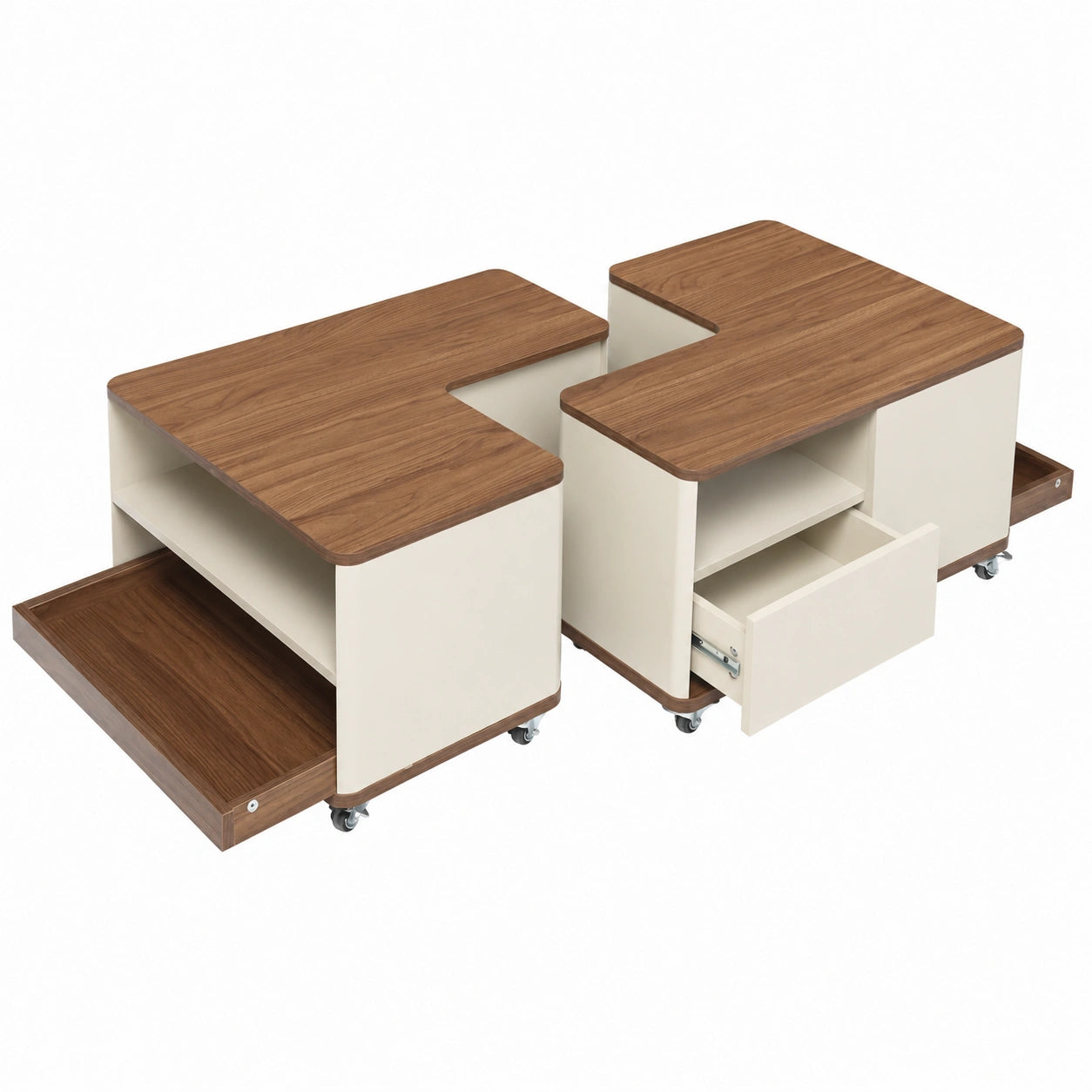 Couchtisch – mit Schubladen, mit Rollen, modular, aus Holz, Braun, für Wohnzimmer und Büro