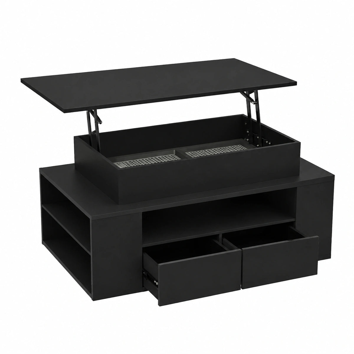 Couchtisch – 90 × 50 cm, höhenverstellbar, mit Stauraum, mit LED-Beleuchtung, mit Schubladen, Schwarz, für Wohnzimmer