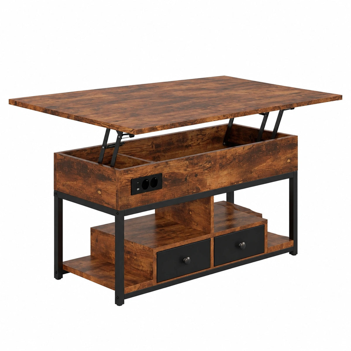 Couchtisch – 100 × 80 cm, höhenverstellbar, mit LED-Beleuchtung, mit Schubladen, aus Holz