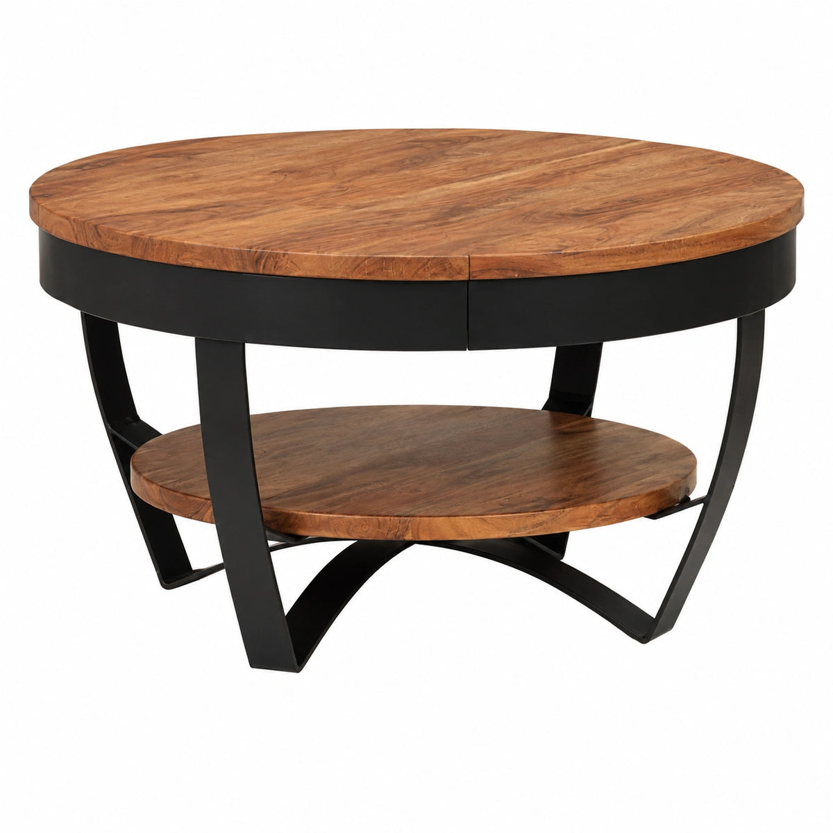 Couchtisch – 65 × 65 × 32 cm, Industriestil, mit Ablagen, aus Akazienholz