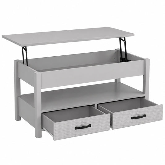 Couchtisch – 63,5 cm, höhenverstellbar, mit Schubladen, mit Ablagen, aus Holz, Grau, für Wohnzimmer und Büro
