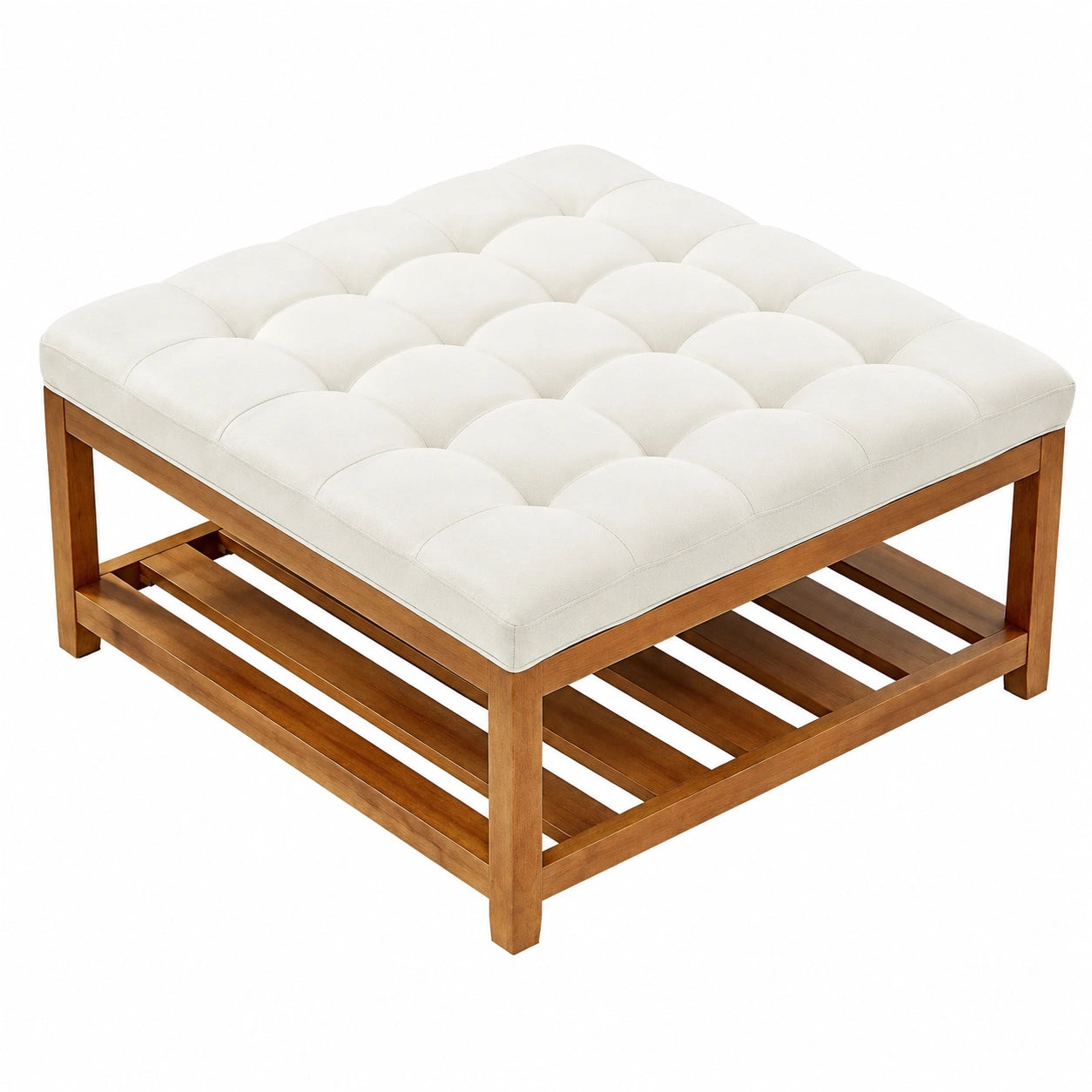 Couchtisch – gepolstert, mit Ablagen, aus Massivholz und Leinen, für Wohnzimmer und Schlafzimmer