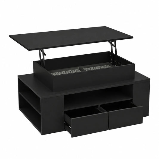 Couchtisch – 90 × 50 cm, höhenverstellbar, mit Stauraum, mit LED-Beleuchtung, mit Schubladen, Schwarz, für Wohnzimmer