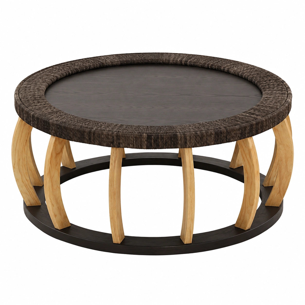 Couchtisch – 90 cm, runde Form, aus Massivholz und Rattan, Schwarz