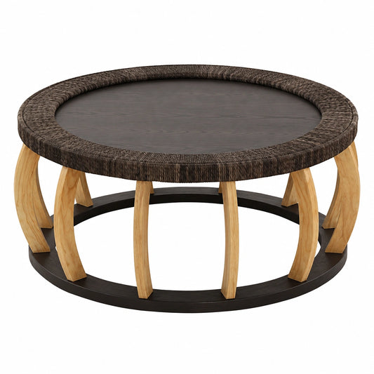 Couchtisch – 90 cm, runde Form, aus Massivholz und Rattan, Schwarz