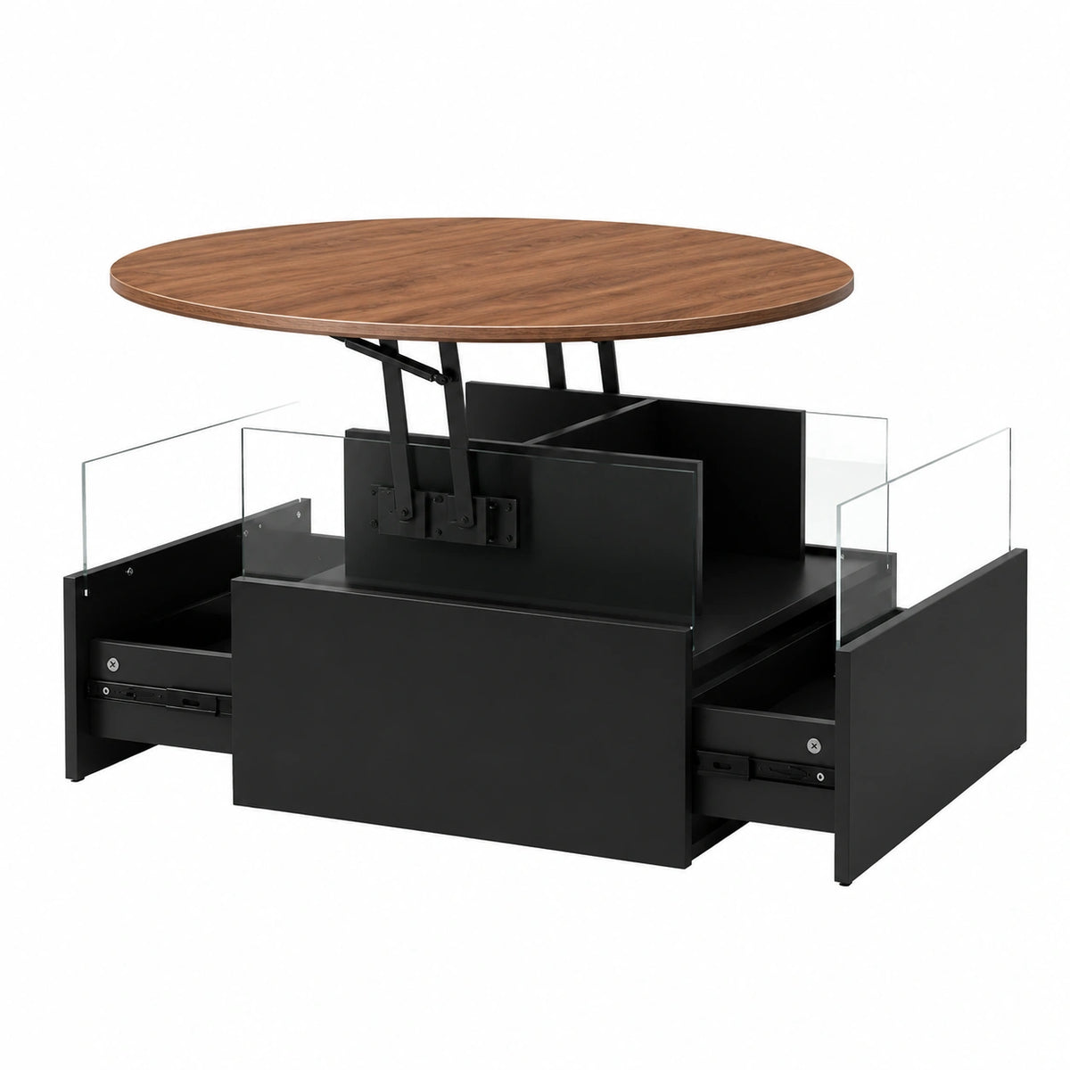 Couchtisch – 78 × 78 × 40 cm, runde Form, höhenverstellbar, mit LED-Beleuchtung, mit Schubladen, Braun und Schwarz, für Wohnzimmer