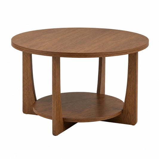 Couchtisch – 80 cm, skandinavischer Stil, runde Form, mit Stauraum, mit Ablagen, aus Kiefernholz und Holz, Braun