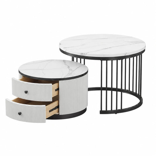 Couchtisch – 2-teilig, 45.5 cm, runde Form, mit Schubladen, Marmoroptik und Weiß